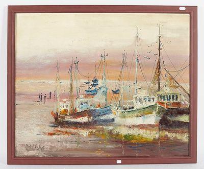 un tableau représentant un groupe de bateaux amarrés sur l'eau