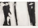 a black and white drawing of a cat standing next to a pole