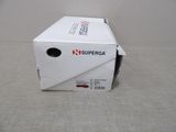 a white box with a red and black logo on it