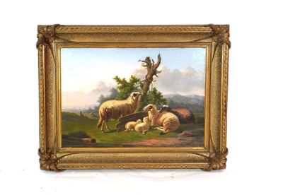 une image représentant un tableau où l'on voit des moutons et des agneaux dans un paysage