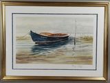 aquarelle encadrée représentant un bateau sur un plan d'eau