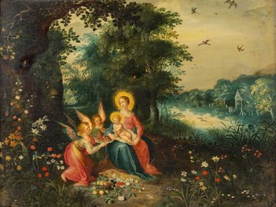 une image représentant un tableau montrant trois anges dans un décor boisé