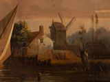 a painting of a boat in the water near a windmill