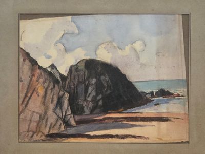 an image of a painting of a beach with rocks and a body of water
