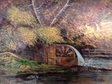 a painting of a water wheel in the middle of a river