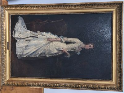 painting of a woman in a white dress is hanging on a wall