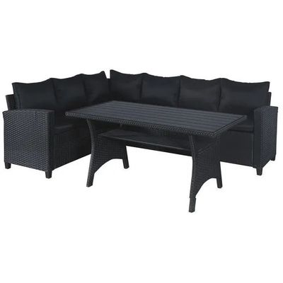 a black patio furniture set with a table and chairs