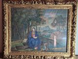 une image représentant un tableau où l'on voit une femme assise sur un banc à côté d'un chien