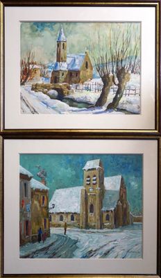 deux tableaux représentant une église et une église sous la neige
