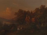 l'image d'un tableau représentant un paysage avec un château au loin