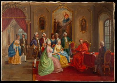 une image d'un tableau représentant un groupe de personnes assises autour d'une table