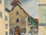 tableau représentant deux femmes marchant dans une rue devant une église