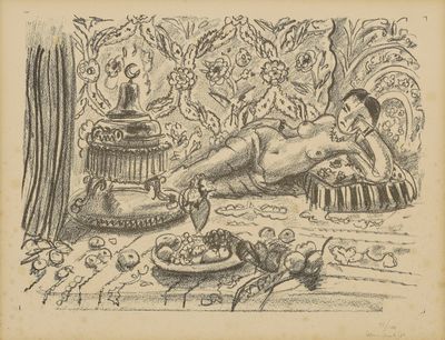 drawing of a naked woman laying on a bed next to a bird cage