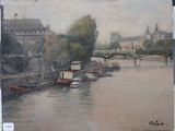 une peinture représentant des bateaux sur l'eau près d'un pont