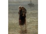 an image of a painting of a woman and child walking in the water