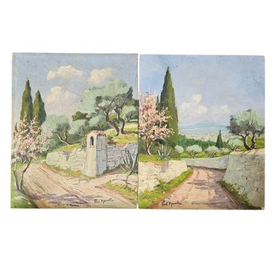 deux tableaux représentant une route de campagne avec un portail et des arbres