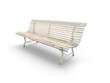 a wooden bench that is sitting on a white surface