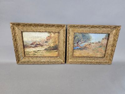 two framed paintings of a landscape with trees and a river