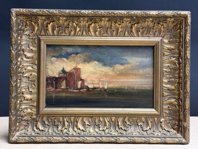 un tableau représentant un château au milieu d'un plan d'eau