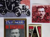 several different pictures of old cars are displayed on a white surface