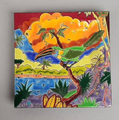 tableau représentant un oiseau perché sur une branche d'arbre, avec un coucher de soleil en arrière-plan