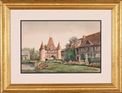 tableau représentant un château avec un jardin devant et une maison à l'arrière-plan