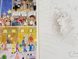 an open book with a drawing of a woman in a crowd of people