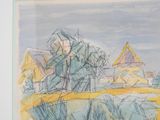drawing of a landscape with a windmill and a house in the distance