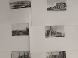 several black and white pictures of buildings and buildings on a wall