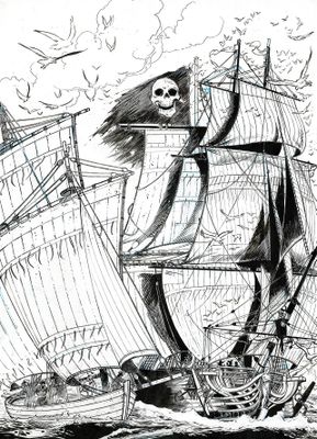 un bateau pirate dont les voiles arborent une tête de mort et des os croisés