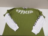 green long sleeved shirt with white sleeves and black writing on the sleeves