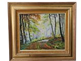 une peinture à l'huile représentant une scène forestière avec un ruisseau au premier plan