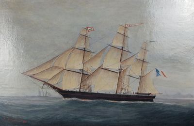 une peinture à l'huile représentant un grand voilier naviguant sur l'océan
