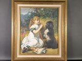 un tableau représentant une fillette et un chien posés sur une table