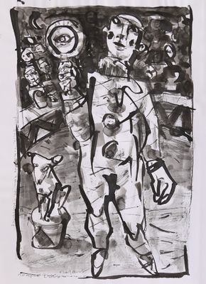 dessin en noir et blanc représentant un homme debout devant un groupe de personnes