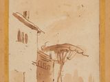 une image représentant un dessin d'un bâtiment devant lequel se trouve un cheval et une calèche