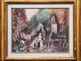 an image of a painting of a man with a horse and a dog