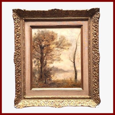 TROUILLEBERT Paul 1829-1900 : Paysanne au bord d'un étang.