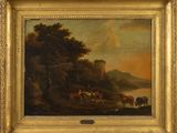 an oil painting of horses in a landscape with a castle in the background