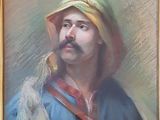 tableau représentant un homme moustachu coiffé d'un chapeau jaune