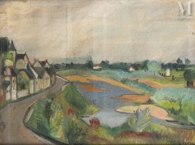 an image of a painting of a country road with houses in the background