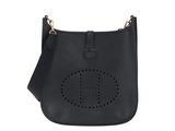 a black leather cross body bag with a logo on the front