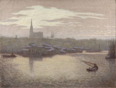 un tableau représentant un bateau sur un plan d'eau, avec une église en arrière-plan