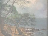 une photo d'un tableau représentant un arbre au bord de l'eau