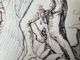 drawing of a woman sitting on a chair with a cat in her lap