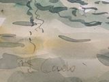 a watercolor painting of a boat on the water