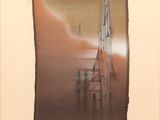 une image représentant une peinture d'une église au milieu d'un ciel brumeux