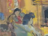 a painting of a group of people sitting around a fire place