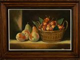 une peinture à l'huile représentant un panier de cerises et de pêches posé sur une table