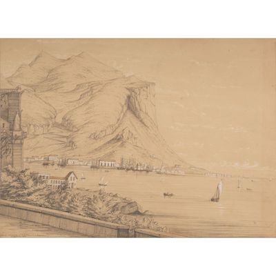 une image représentant un dessin montrant une vue d'une montagne et d'un plan d'eau
